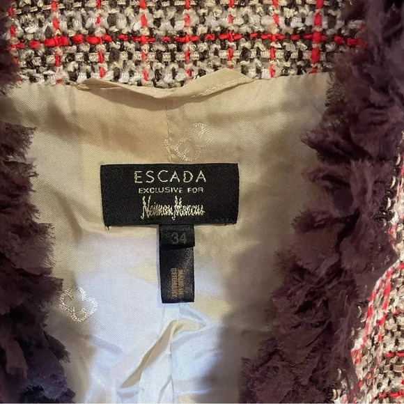 ESCADA Exclusive For Neiman Marcus Tweed Checked Jacket with Brown Trim Size 34 - Picture 4 of 11